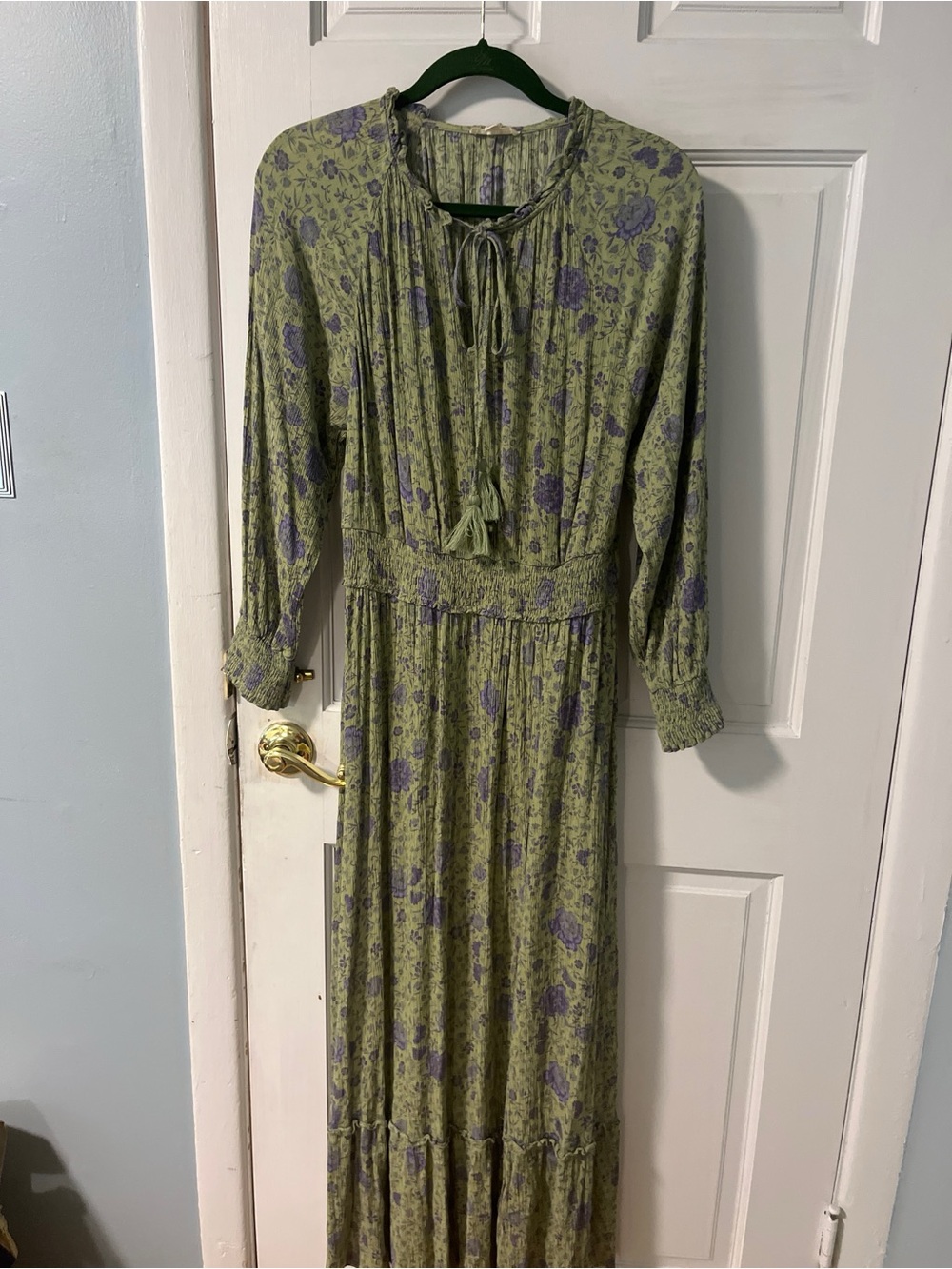 easel Green Floral Long Sleeve Maxi Dress with Purple Accents - Picture 2 of 7